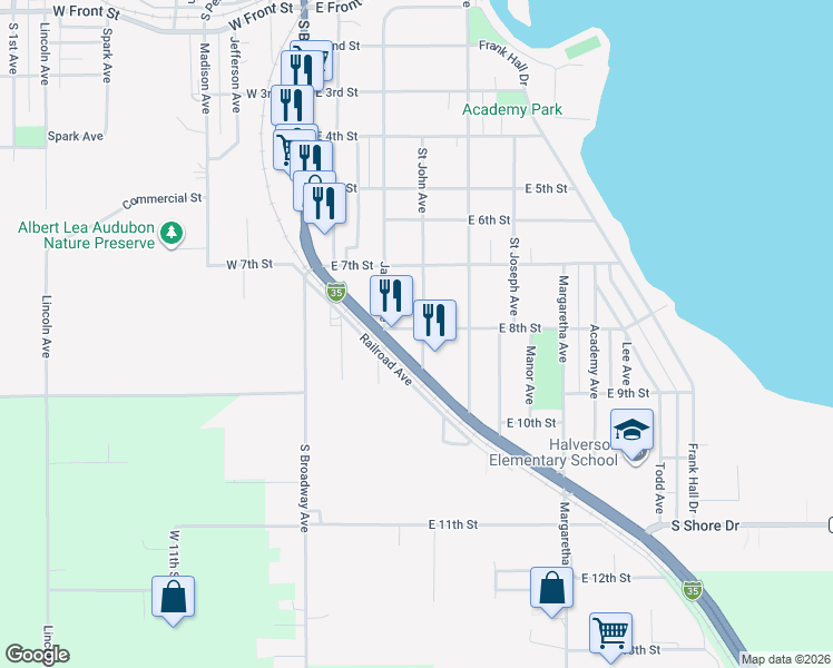 map of restaurants, bars, coffee shops, grocery stores, and more near 320 East 8th Street in Albert Lea
