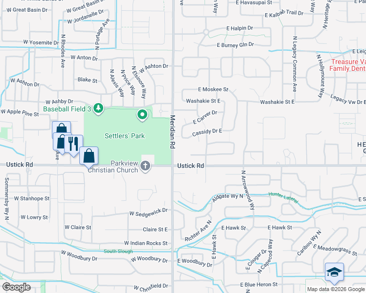map of restaurants, bars, coffee shops, grocery stores, and more near 3336 North Meridian Road in Meridian
