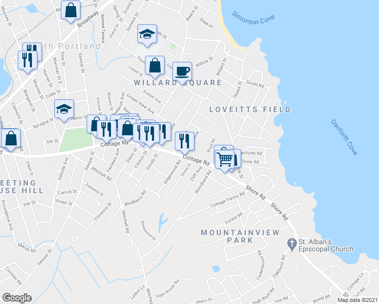 map of restaurants, bars, coffee shops, grocery stores, and more near 13 Victory Avenue in South Portland