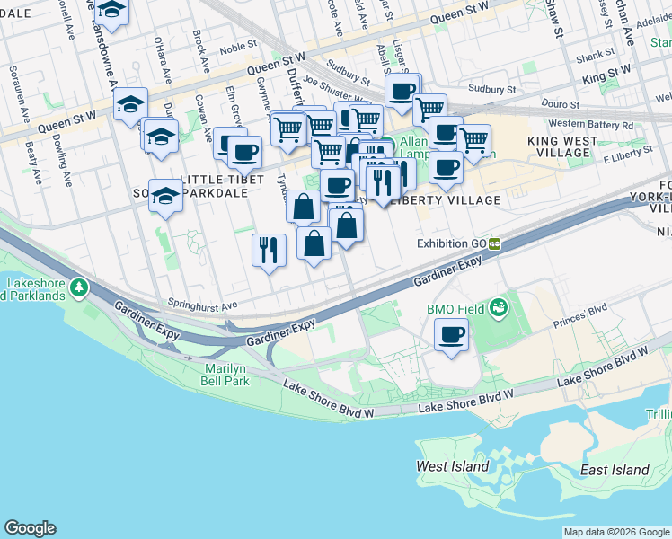 map of restaurants, bars, coffee shops, grocery stores, and more near 163 Dufferin Street in Toronto
