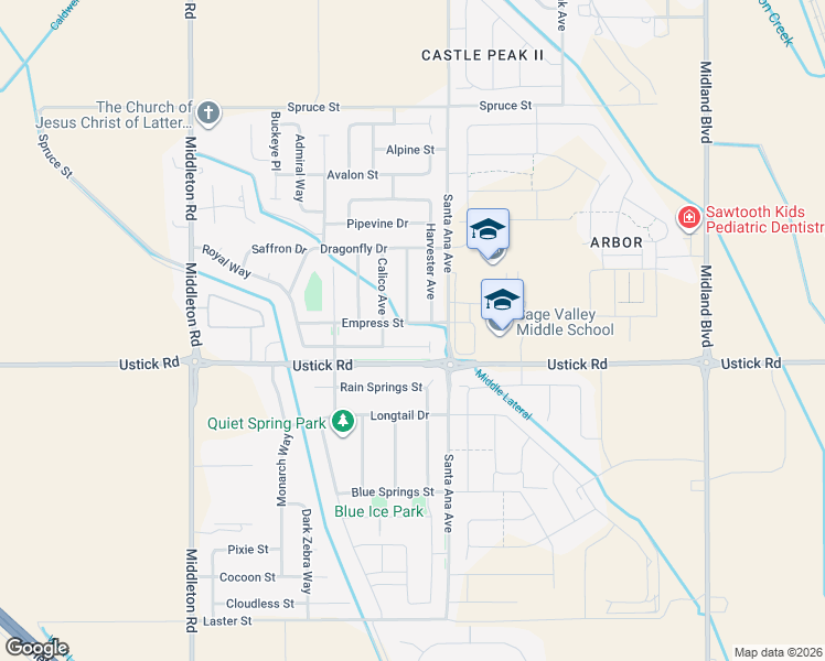 map of restaurants, bars, coffee shops, grocery stores, and more near 10571 Empress Street in Nampa