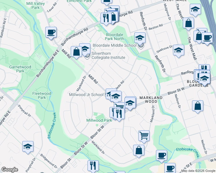 map of restaurants, bars, coffee shops, grocery stores, and more near 10 Boxwood Road in Toronto