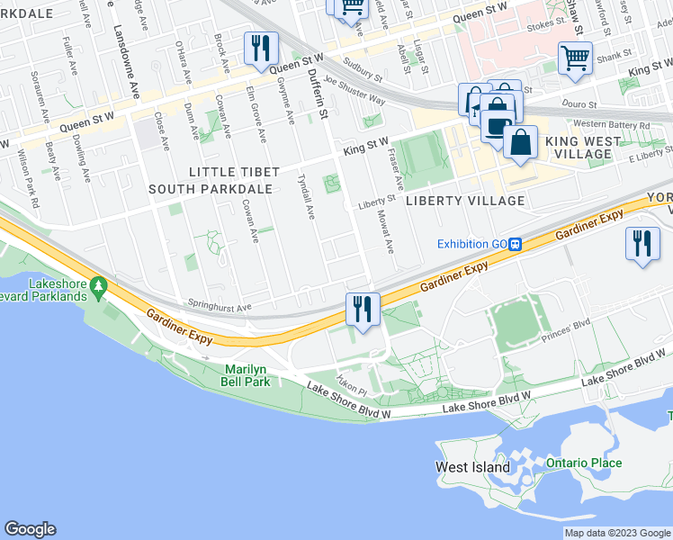 map of restaurants, bars, coffee shops, grocery stores, and more near in Toronto