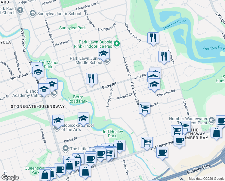 map of restaurants, bars, coffee shops, grocery stores, and more near in Toronto