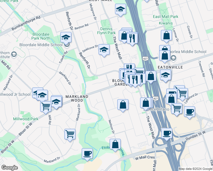 map of restaurants, bars, coffee shops, grocery stores, and more near in Toronto