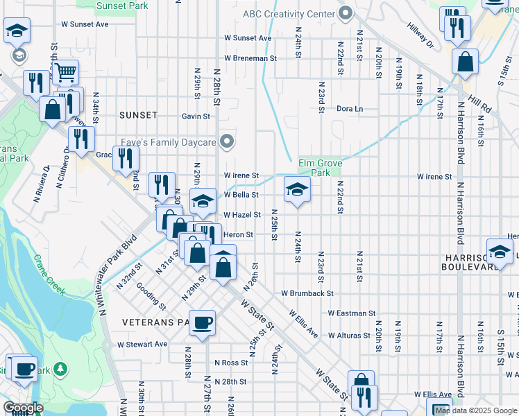 map of restaurants, bars, coffee shops, grocery stores, and more near 1606 North 26th Street in Boise