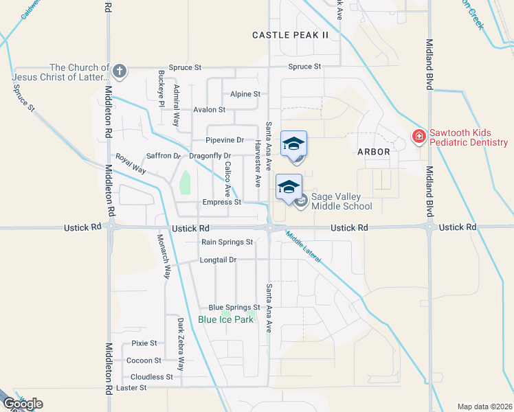 map of restaurants, bars, coffee shops, grocery stores, and more near 10539 Empress Street in Nampa