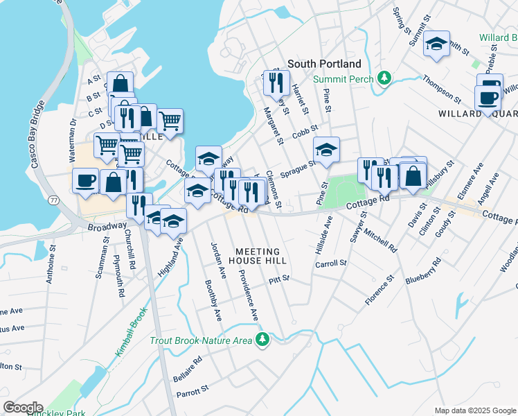 map of restaurants, bars, coffee shops, grocery stores, and more near 186 Cottage Road in South Portland