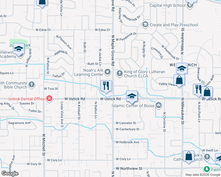 map of restaurants, bars, coffee shops, grocery stores, and more near 9080 West Toni Street in Boise