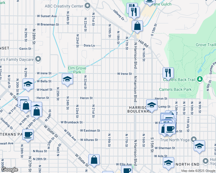 map of restaurants, bars, coffee shops, grocery stores, and more near 1609 North 19th Street in Boise