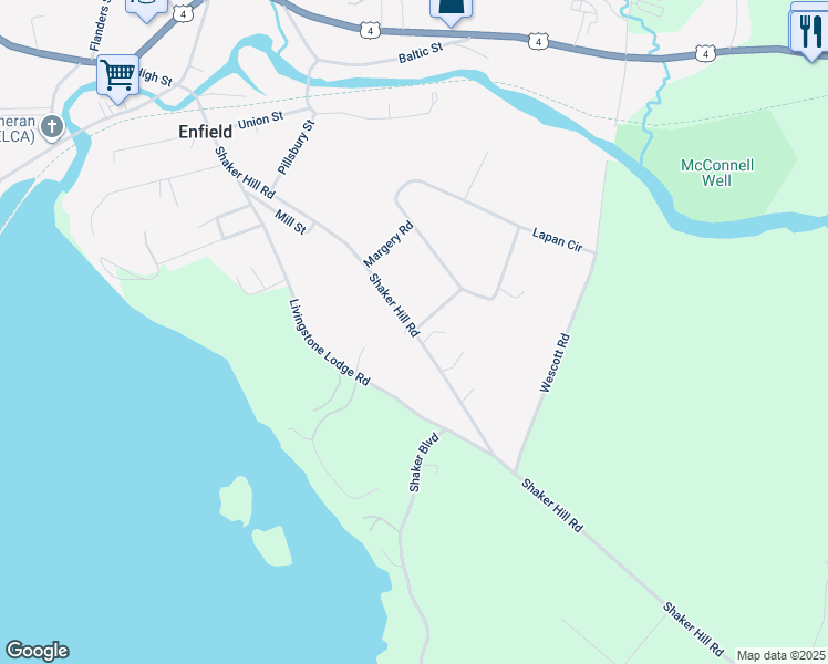 map of restaurants, bars, coffee shops, grocery stores, and more near 151 Shaker Hill Road in Enfield