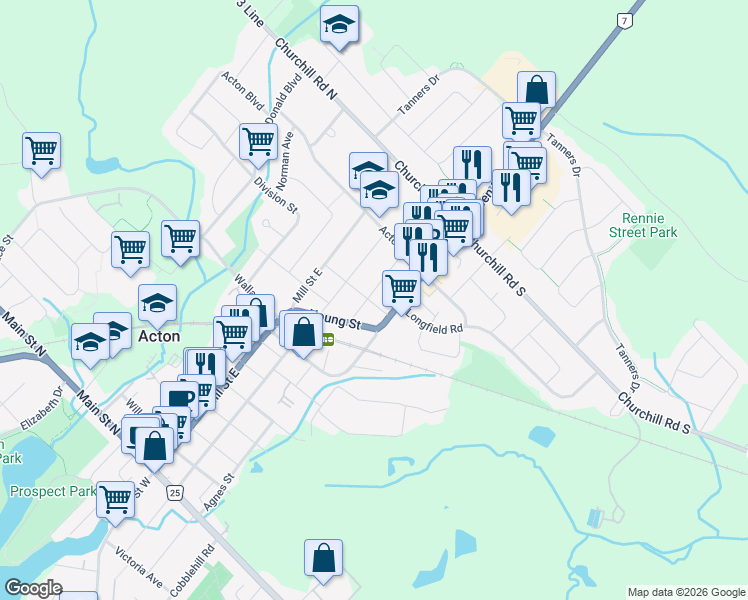 map of restaurants, bars, coffee shops, grocery stores, and more near 55 Wellington Street in Acton
