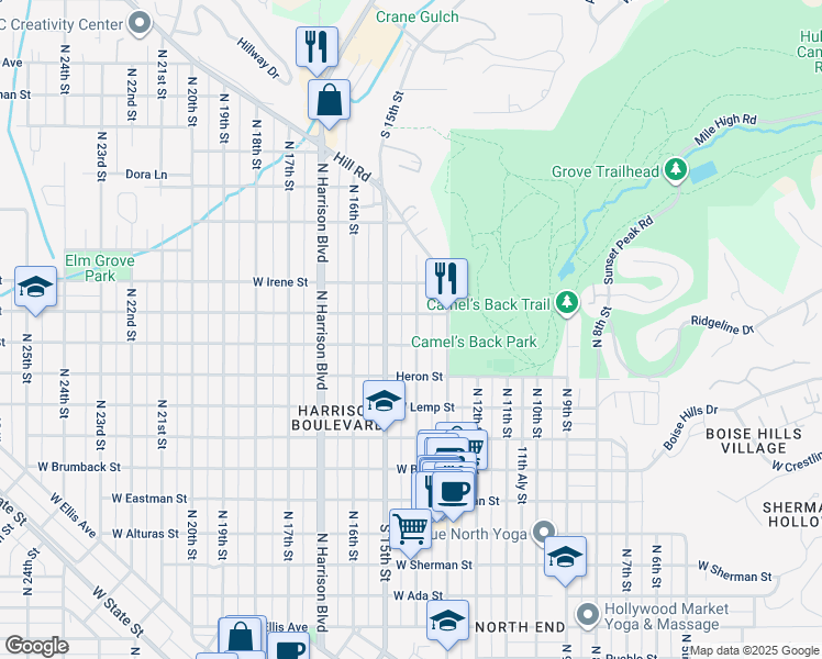 map of restaurants, bars, coffee shops, grocery stores, and more near 2015 North 14th Street in Boise