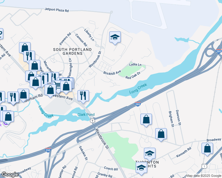 map of restaurants, bars, coffee shops, grocery stores, and more near 2 Osprey Circle in South Portland