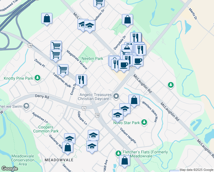 map of restaurants, bars, coffee shops, grocery stores, and more near 7240 Gagliano Drive in Mississauga