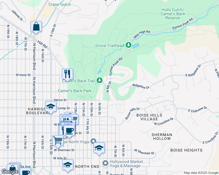map of restaurants, bars, coffee shops, grocery stores, and more near 777 West Ridgeline Drive in Boise