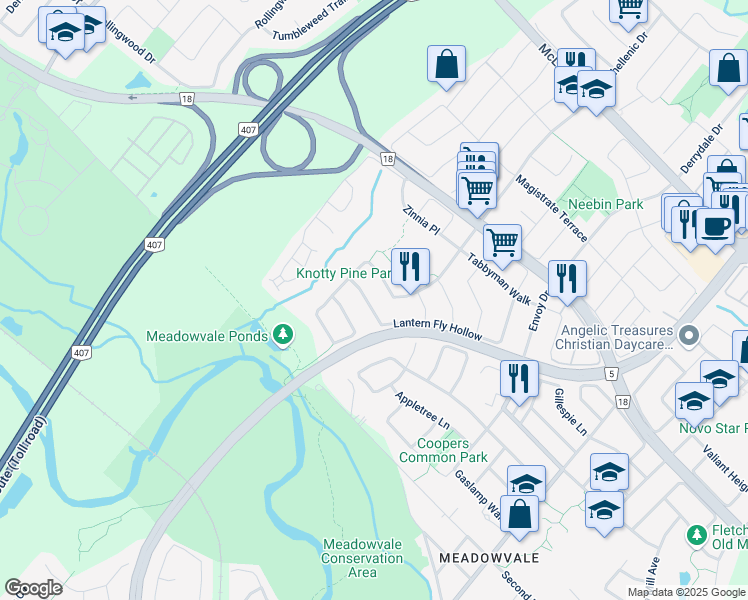 map of restaurants, bars, coffee shops, grocery stores, and more near 7373 Lantern Fly Hollow in Mississauga