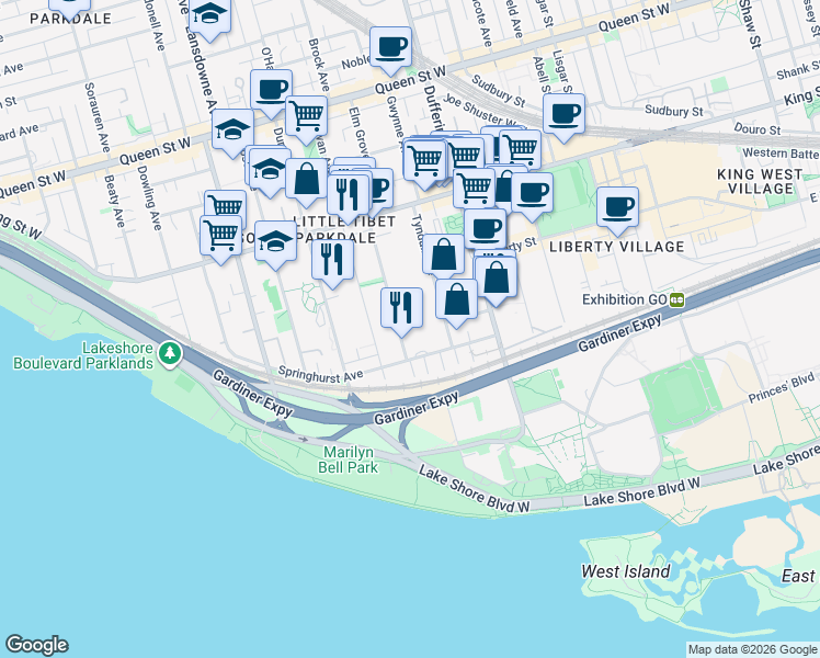 map of restaurants, bars, coffee shops, grocery stores, and more near 31 Spencer Avenue in Toronto