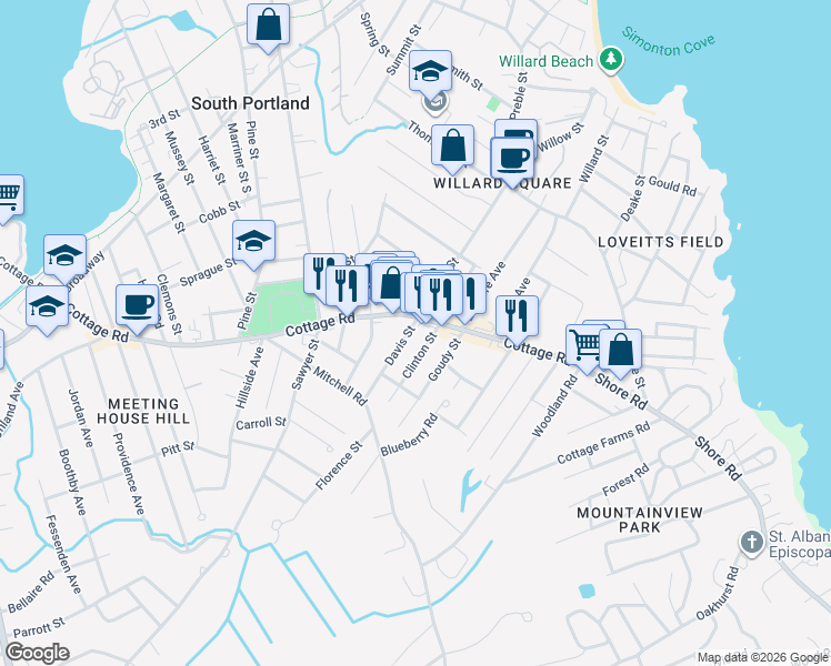 map of restaurants, bars, coffee shops, grocery stores, and more near 52 Davis Street in South Portland