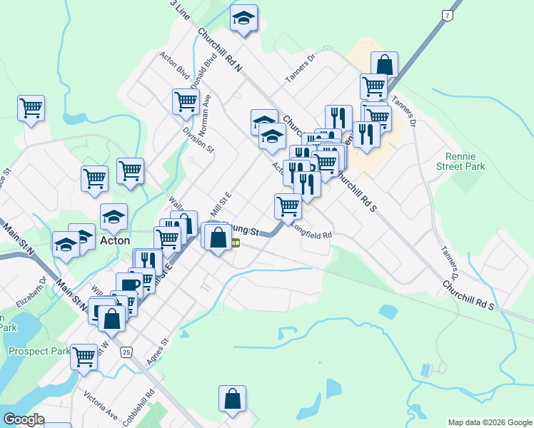 map of restaurants, bars, coffee shops, grocery stores, and more near 53 Wellington Street in Acton