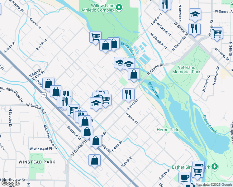 map of restaurants, bars, coffee shops, grocery stores, and more near 421 E Trackstand Ln in Garden City