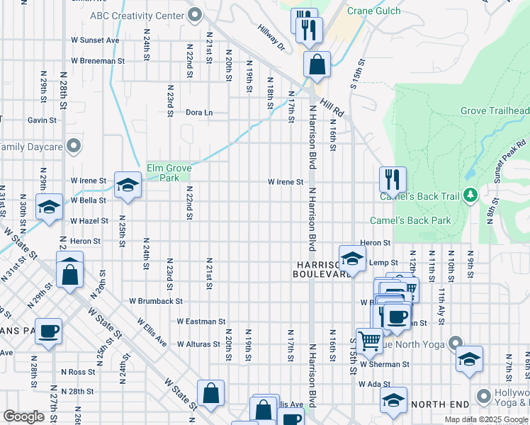 map of restaurants, bars, coffee shops, grocery stores, and more near 1709 North 18th Street in Boise