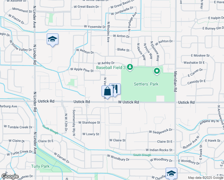 map of restaurants, bars, coffee shops, grocery stores, and more near 750 West Ustick Road in Meridian