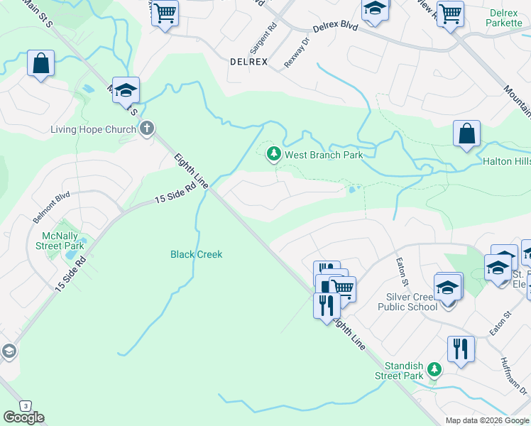 map of restaurants, bars, coffee shops, grocery stores, and more near 150 Foxtail Court in Halton Hills