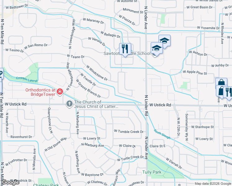 map of restaurants, bars, coffee shops, grocery stores, and more near 3323 North Sirocco Avenue in Meridian