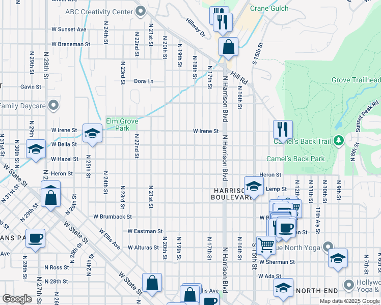 map of restaurants, bars, coffee shops, grocery stores, and more near 1709 North 18th Street in Boise