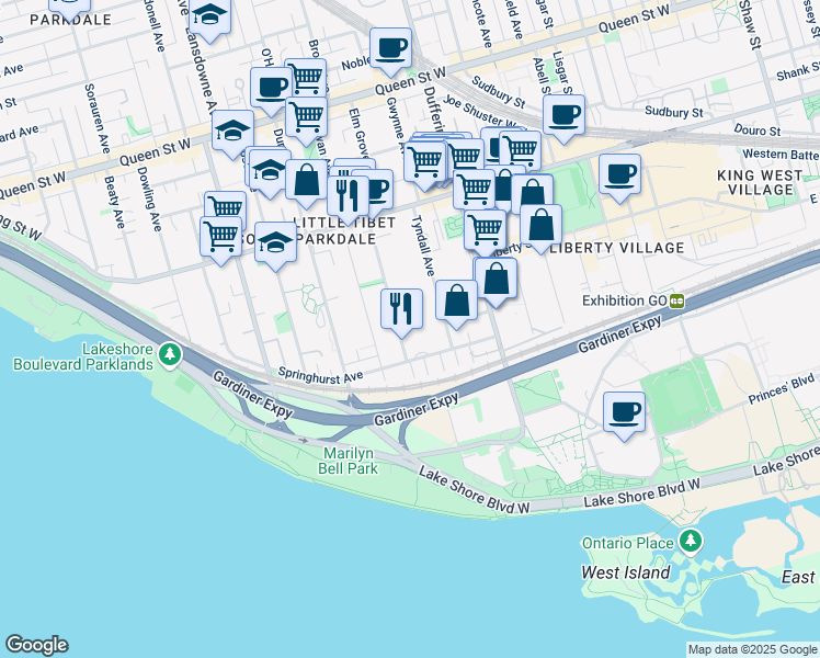 map of restaurants, bars, coffee shops, grocery stores, and more near 31 Spencer Avenue in Toronto