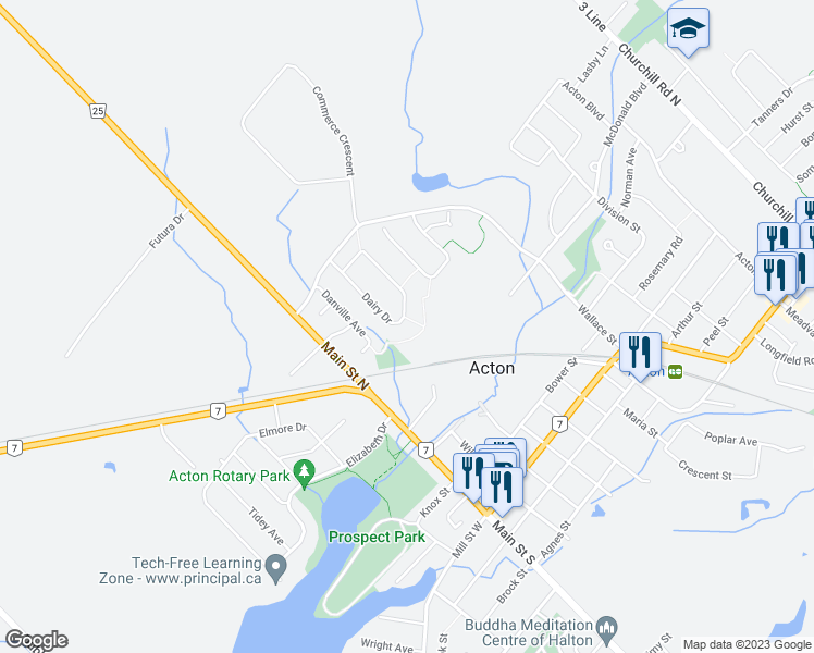 map of restaurants, bars, coffee shops, grocery stores, and more near 61 Dairy Drive in Acton