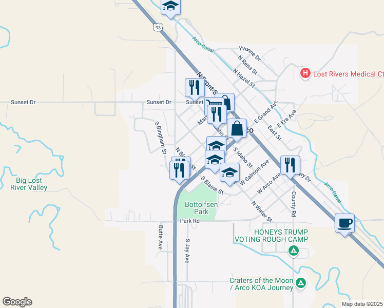 map of restaurants, bars, coffee shops, grocery stores, and more near 301-363 W Lost River Ave in Arco