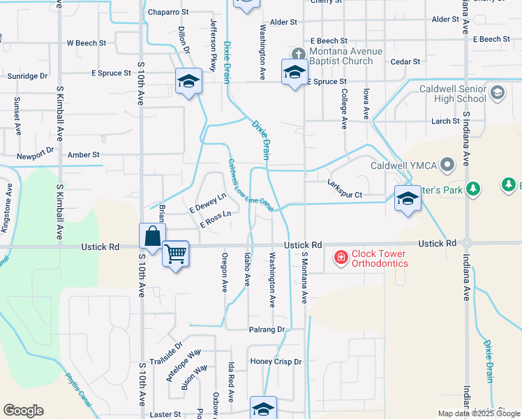 map of restaurants, bars, coffee shops, grocery stores, and more near 3912 Washington Avenue in Caldwell