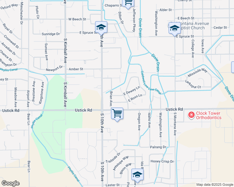 map of restaurants, bars, coffee shops, grocery stores, and more near 611 East Dewey Lane in Caldwell