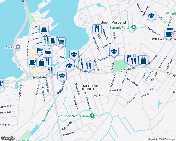 map of restaurants, bars, coffee shops, grocery stores, and more near 186 Cottage Road in South Portland