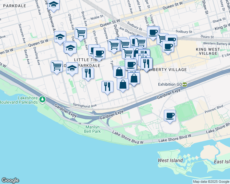 map of restaurants, bars, coffee shops, grocery stores, and more near in Toronto