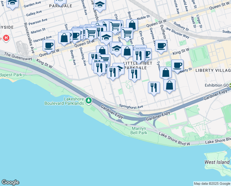 map of restaurants, bars, coffee shops, grocery stores, and more near 90 Springhurst Avenue in Toronto