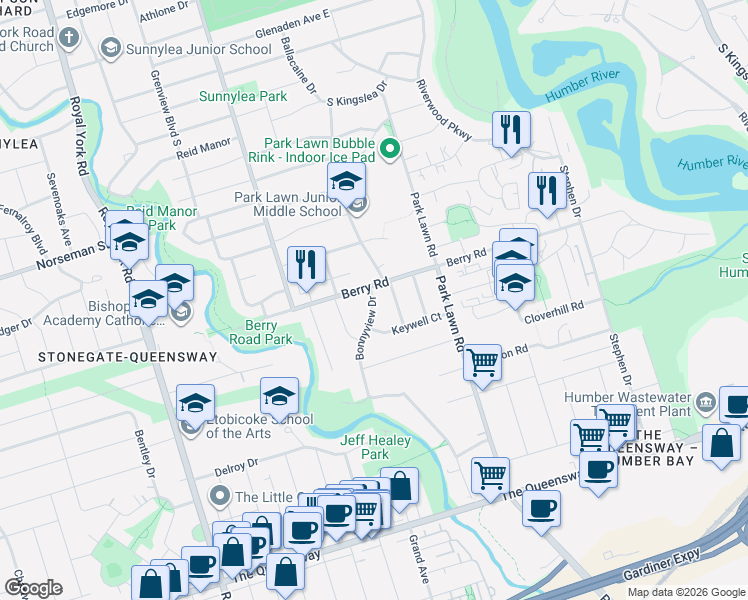 map of restaurants, bars, coffee shops, grocery stores, and more near 250 Manitoba Street in Toronto