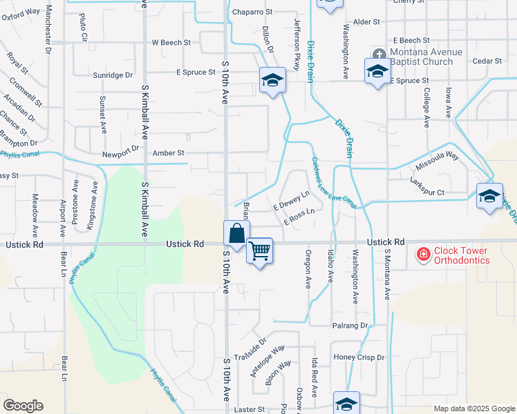 map of restaurants, bars, coffee shops, grocery stores, and more near 611 East Dewey Lane in Caldwell