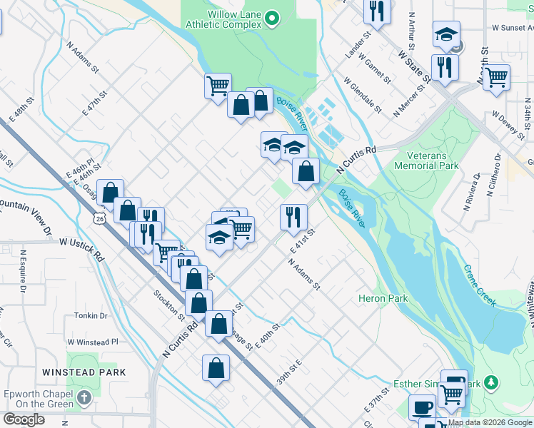 map of restaurants, bars, coffee shops, grocery stores, and more near 421 E Trackstand Ln in Garden City