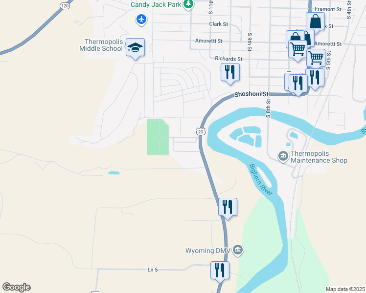 map of restaurants, bars, coffee shops, grocery stores, and more near 122 U.S. 20 in Thermopolis