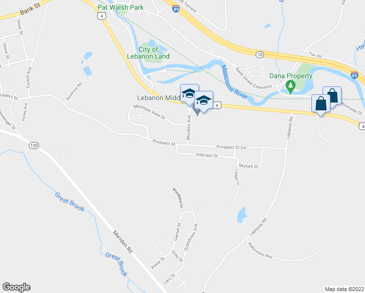 map of restaurants, bars, coffee shops, grocery stores, and more near 120 Prospect Street Extension in Lebanon