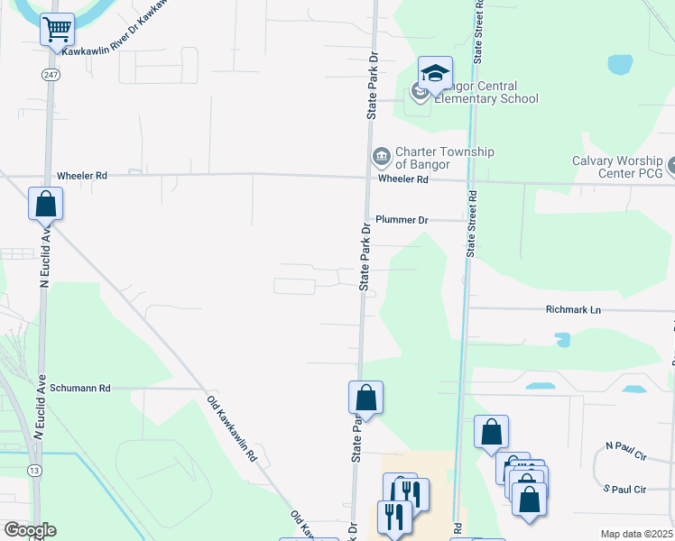 map of restaurants, bars, coffee shops, grocery stores, and more near 3870 Longfore Drive in Bay City
