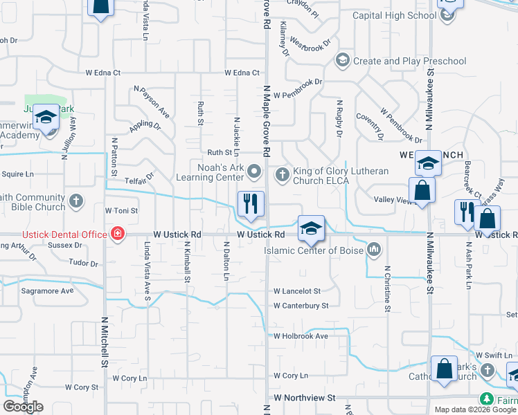 map of restaurants, bars, coffee shops, grocery stores, and more near 9080 West Toni Street in Boise