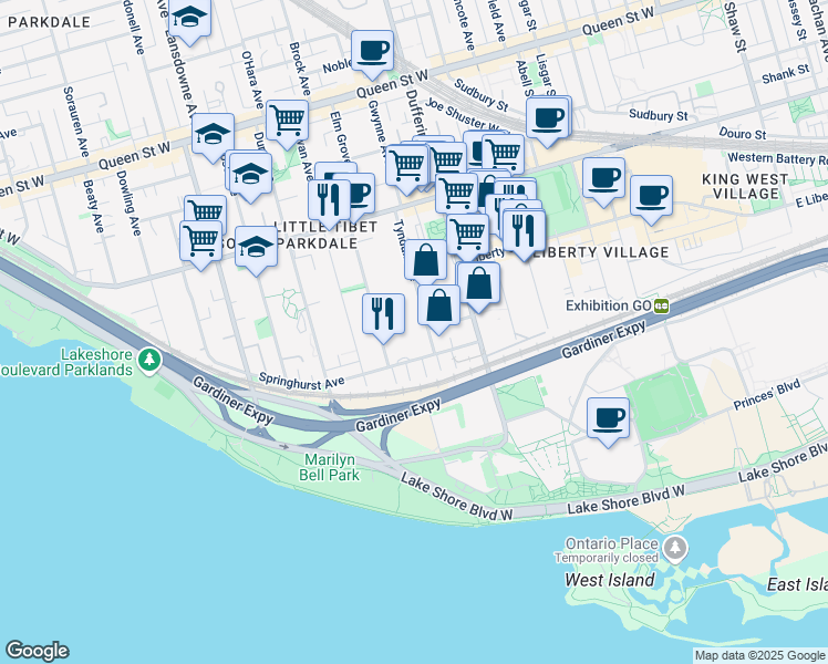 map of restaurants, bars, coffee shops, grocery stores, and more near 24 Tyndall Avenue in Toronto