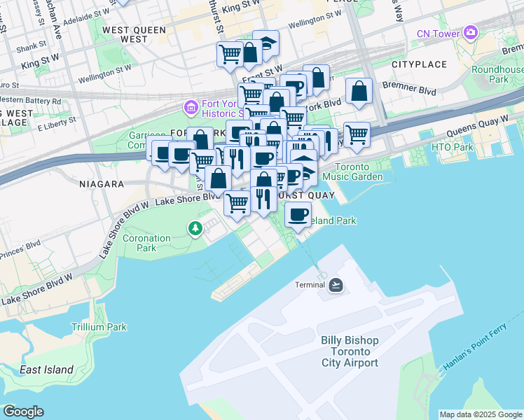map of restaurants, bars, coffee shops, grocery stores, and more near 680 Queens Quay West in Toronto