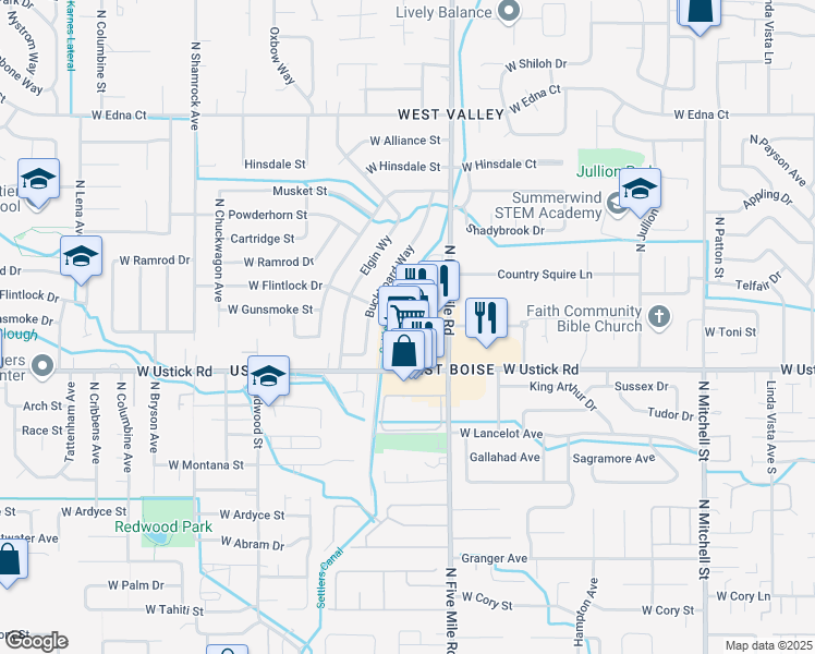map of restaurants, bars, coffee shops, grocery stores, and more near 3347 North Five Mile Road in Boise