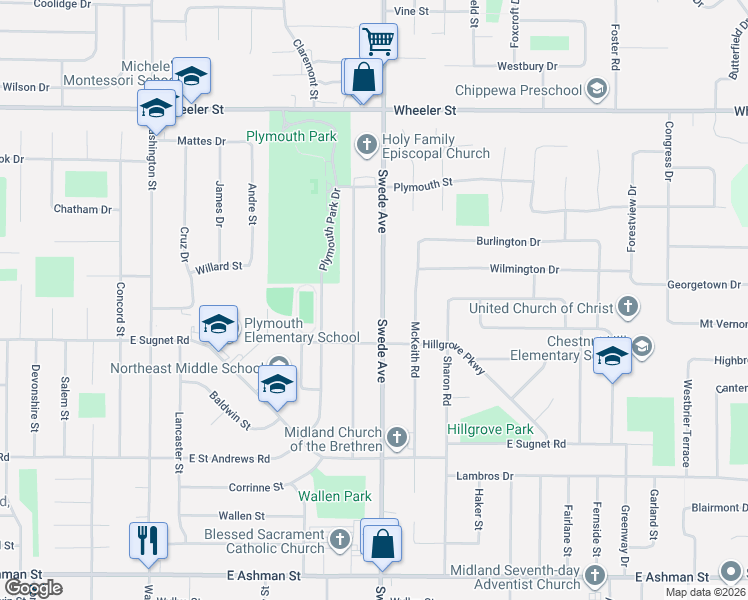 map of restaurants, bars, coffee shops, grocery stores, and more near 4108 Swede Avenue in Midland
