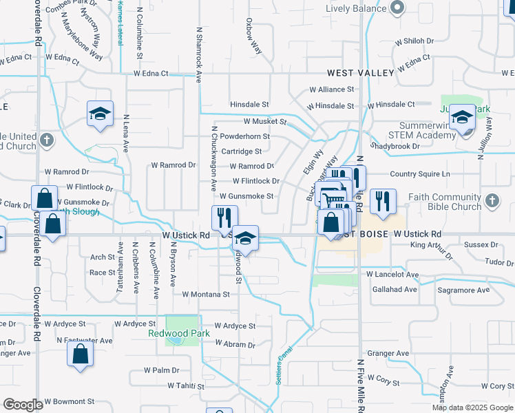 map of restaurants, bars, coffee shops, grocery stores, and more near 11103 Wampum Drive in Boise